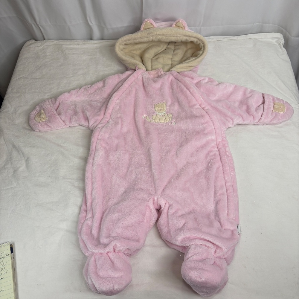 VTG Little Me Baby Girl Pink Kitty Embroider Fleece Snowsuit/Bunting Padded 6-9M